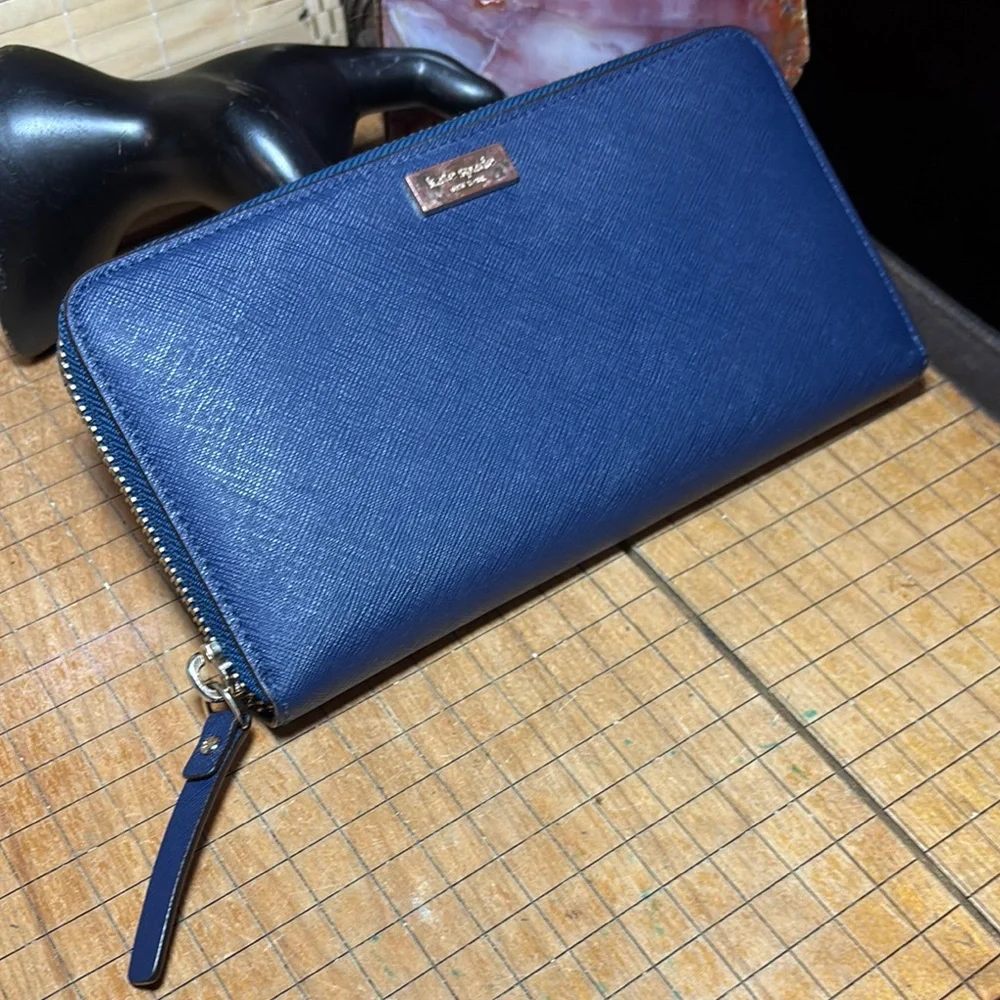 kate spade Safiano Leather Wallet Navy Dark Blue Zip Around 8”Lx4.25”Hx1”H - Picture 3 of 17